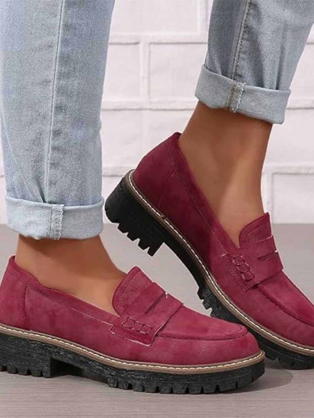NWOT Red Suede Womens Loafers Shoes Platform Chunky Penny Loafer Lug Sole 8.5 - Picture 2 of 7